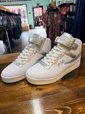 Fila White with Silver Metallic High-Top Sneakers